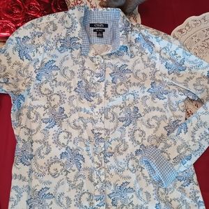 Chaps pastel no iron spring Easter top blue & green floral print w gingham cuffs